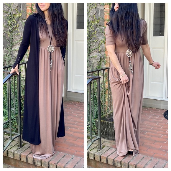 Mocha side pocket 3/4 sleeves maxi dress - Picture 3 of 7
